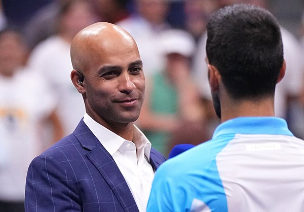 James Blake interviews Novak Djokovic at the 2023 US Open.