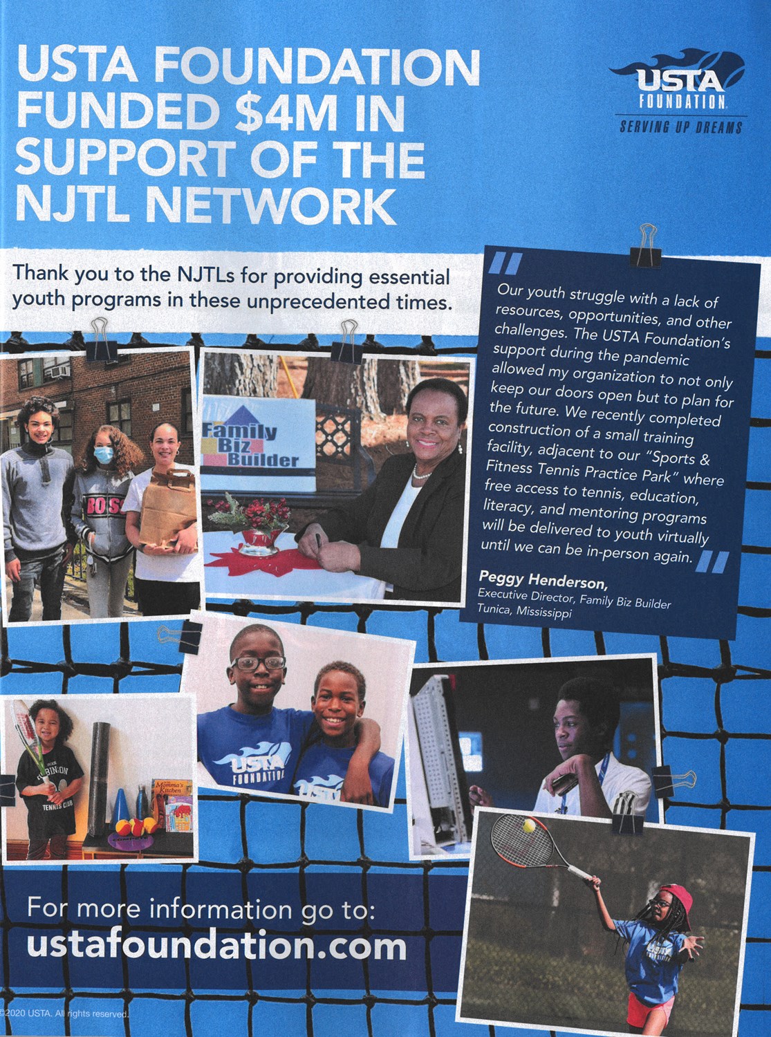 USTA Foundation poster highlighting $4 million in support of the NJTL network, featuring youth tennis programs, community leaders, and educational activities. Includes quote from Peggy Henderson of Family Biz Builder in Mississippi and call to visit ustafoundation.com for more information.